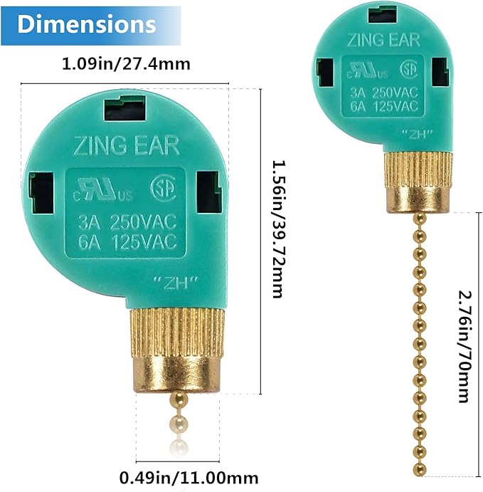 Zing Ear ZE-268S6 3 Speed Ceiling Fan Switch, Pull Chain Cord Switch, Compatible - Image 4