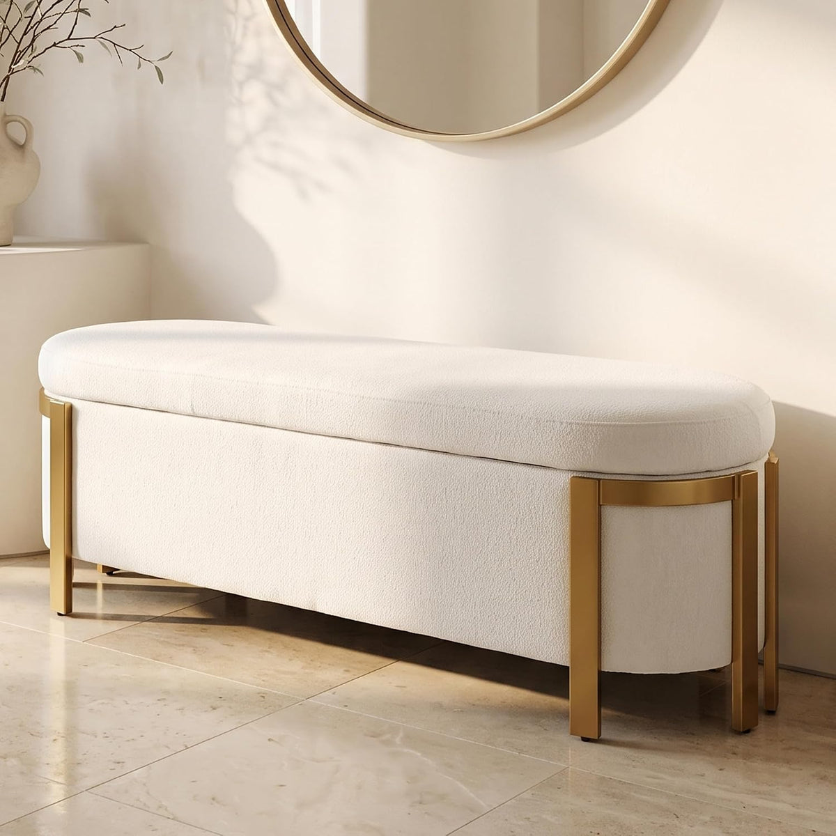 hyfirm 48" white chenille storage bench with gold, main product view