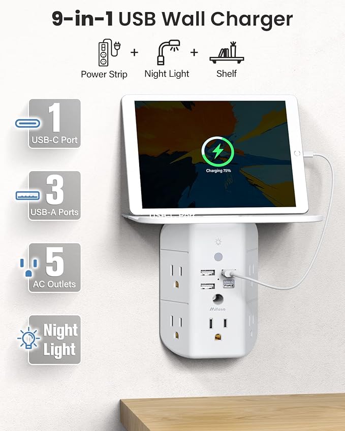 Mifaso 3-Sided Multi Plug Power Strip, Wall Extender - Image 2