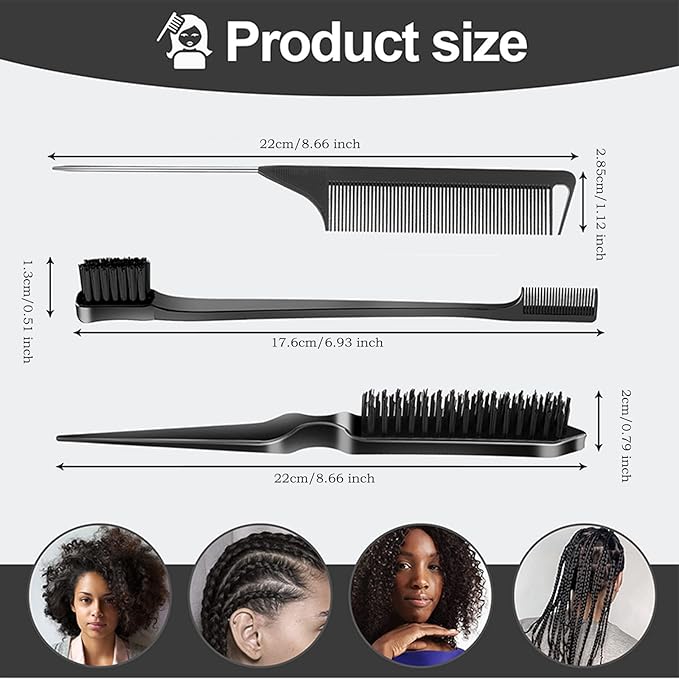 SWEET VIEW 3 Pcs Slick Back Hair Brush, Rat Tail Comb, Edge | Bristle Brush - Image 2