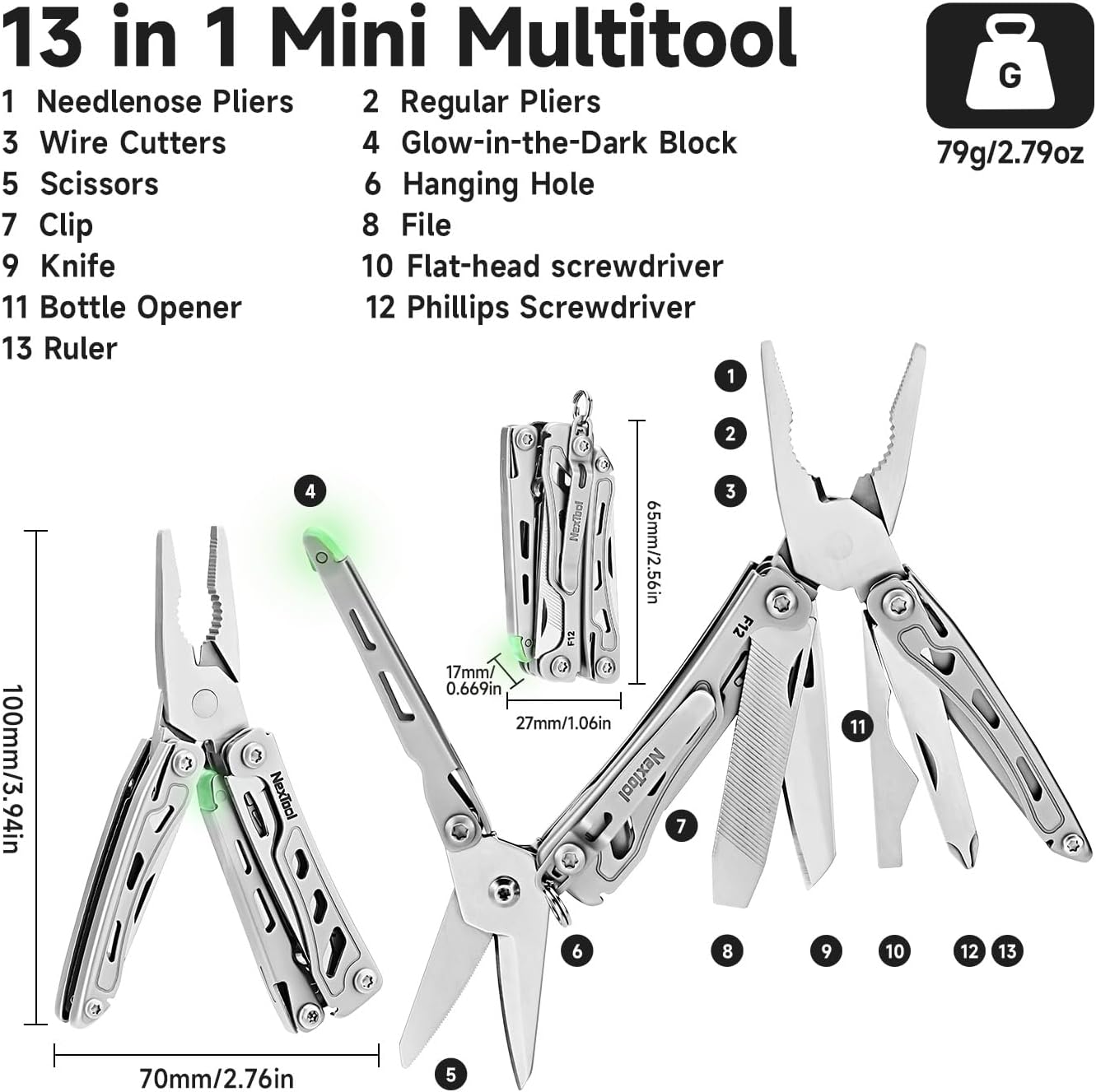 NexTool Mini Flagship F12 Keychain Multitool, Fifth Pocket Tools (Silver) | 15-in-1 Multi Tool, 80Cr14Mov Steel, Serrated Scissors, Thicken Pliers, Safety Lock Knife and File for EDC, Outdoor, DIY