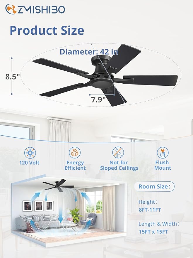 ZMISHIBO 42 Inch Ceiling Fan No Light, Flush Mount Low Profile, Modern Black - Image 4