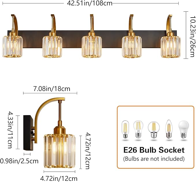 FDPBY 5-Light Crystal Vanity Light, Modern Black Gold Bathroom Wall Sconce - Image 4