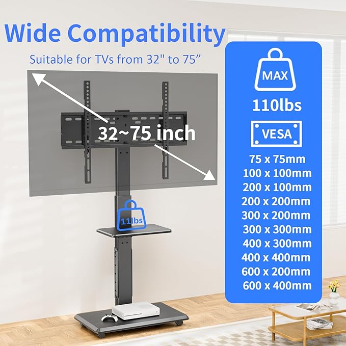 Rolling TV Stand with Power Outlet, Mobile TV Cart - Image 2