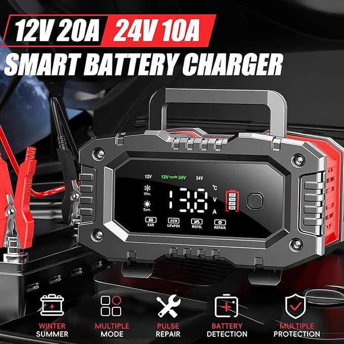 Car Battery Charger 20Amp, 12V 24V LiFePO4 Lead Acid Automatic Smart Battery - Image 2