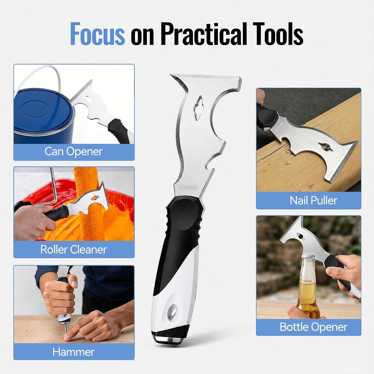 Mister Rui 10-in-1 Putty Knife, MultiUse Paint Scraper Tool, Hammer End | Versatile putty knife and scraper tool for paint removal, floor scraping. Multi-use tool for cleaning and repairing