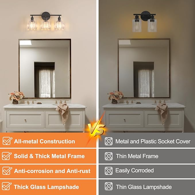Shenmoyl Bathroom Light Fixtures, 3-Light Black Vanity Wall Light Over Mirror - Image 3