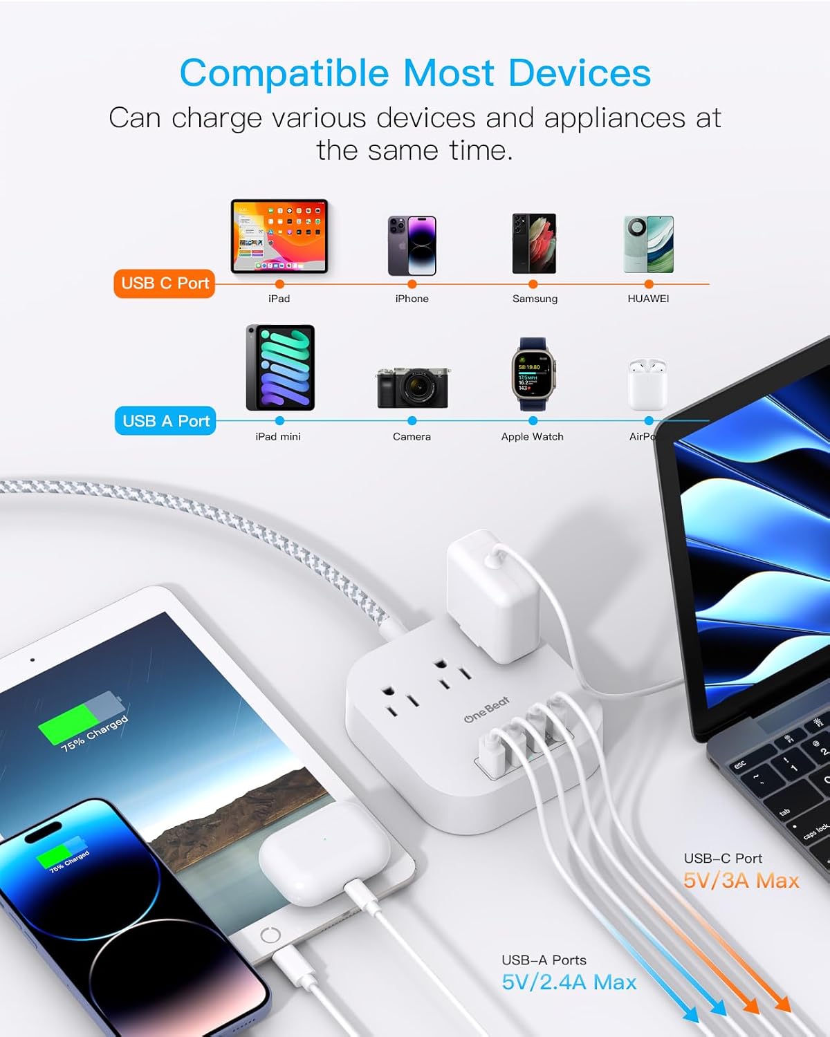 One Beat Power Strip with USB C, 3 Outlets 4 USB Ports (22.5W/4.5A), 6ft | Desktop Charging Station, Flat Plug, Braided Extension Cord, Non Surge Protector for Travel, Cruise Ship, ETL Listed