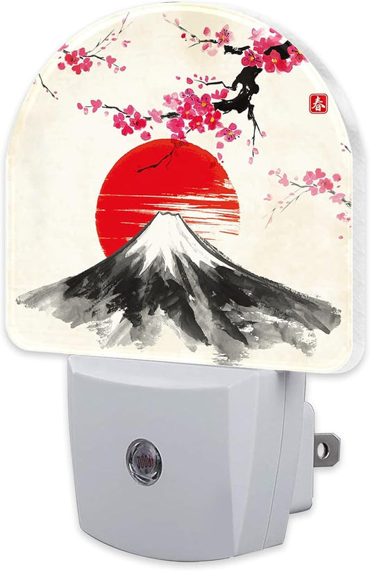 sndheke Cherry Blossoms Sun and Mountain Night Light Plug into Wall, Watercolor by sndheke
