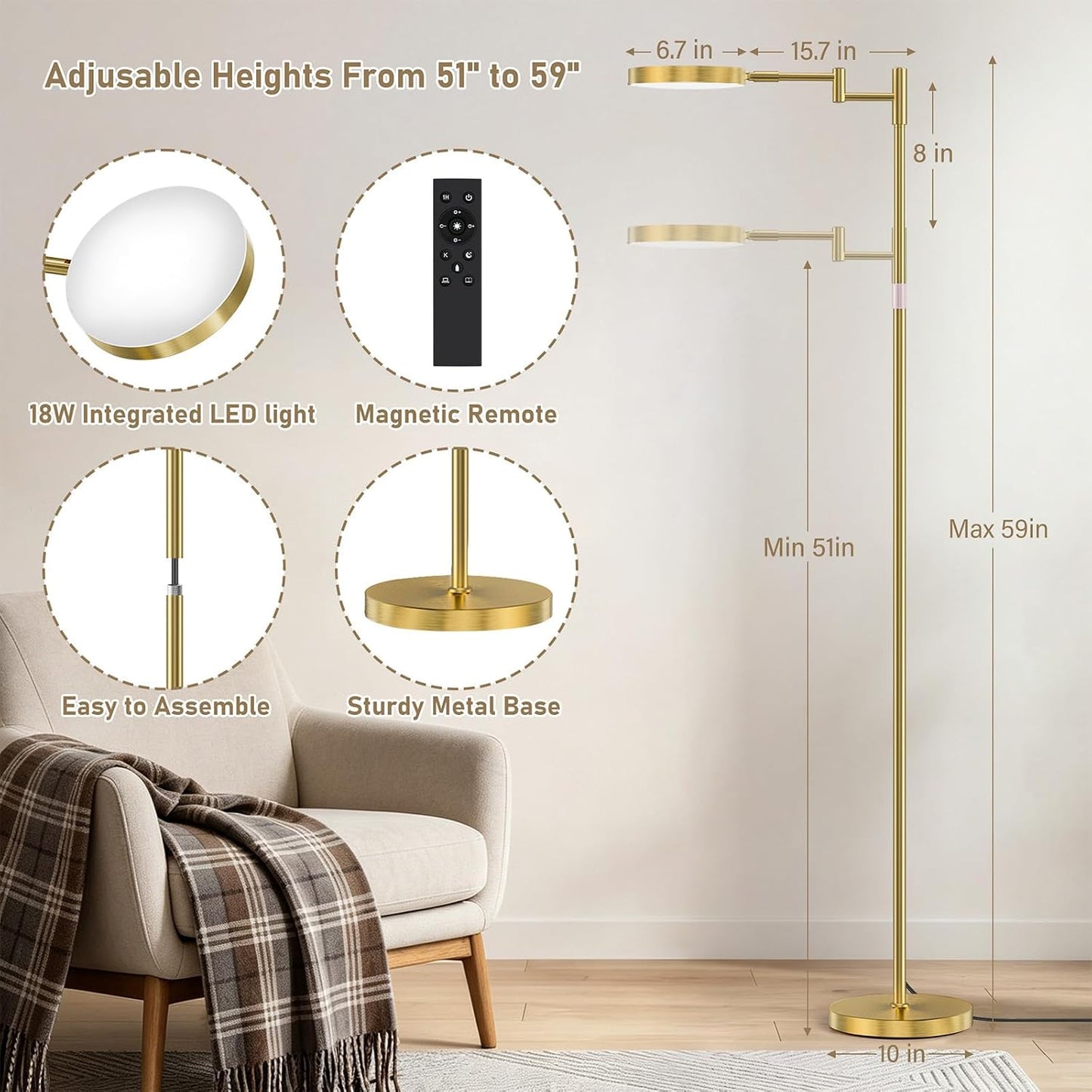 LED Floor Lamp, 18W Bright Standing Lamp with Remote Control, Adjustable Height, 350°Swing Arms, Modern Dimmable Coner Floor lamp for Reading, Sewing and Crafts, Gold