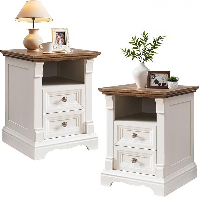 T4TREAM Farmhouse Nightstand Set of 2, Wood Side Table w/Roman Column, Bedside by T4TREAMFurniture