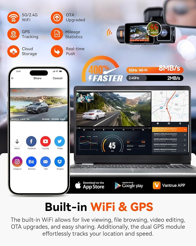 Vantrue N2X 2.7K Dash Cam Front and Inside, 5G WiFi Dual Dash Camera - Image 4
