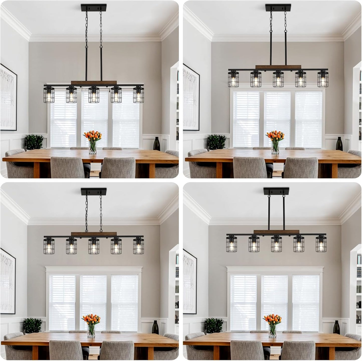 LmnLvn 5-Light Farmhouse Kitchen Light Fixture, Rustic Wood & Metal Cage | Black Hanging Kitchen Chandelier,Adjustable Hanging Height,Ideal Pendant Light over dining table and kitchen island
