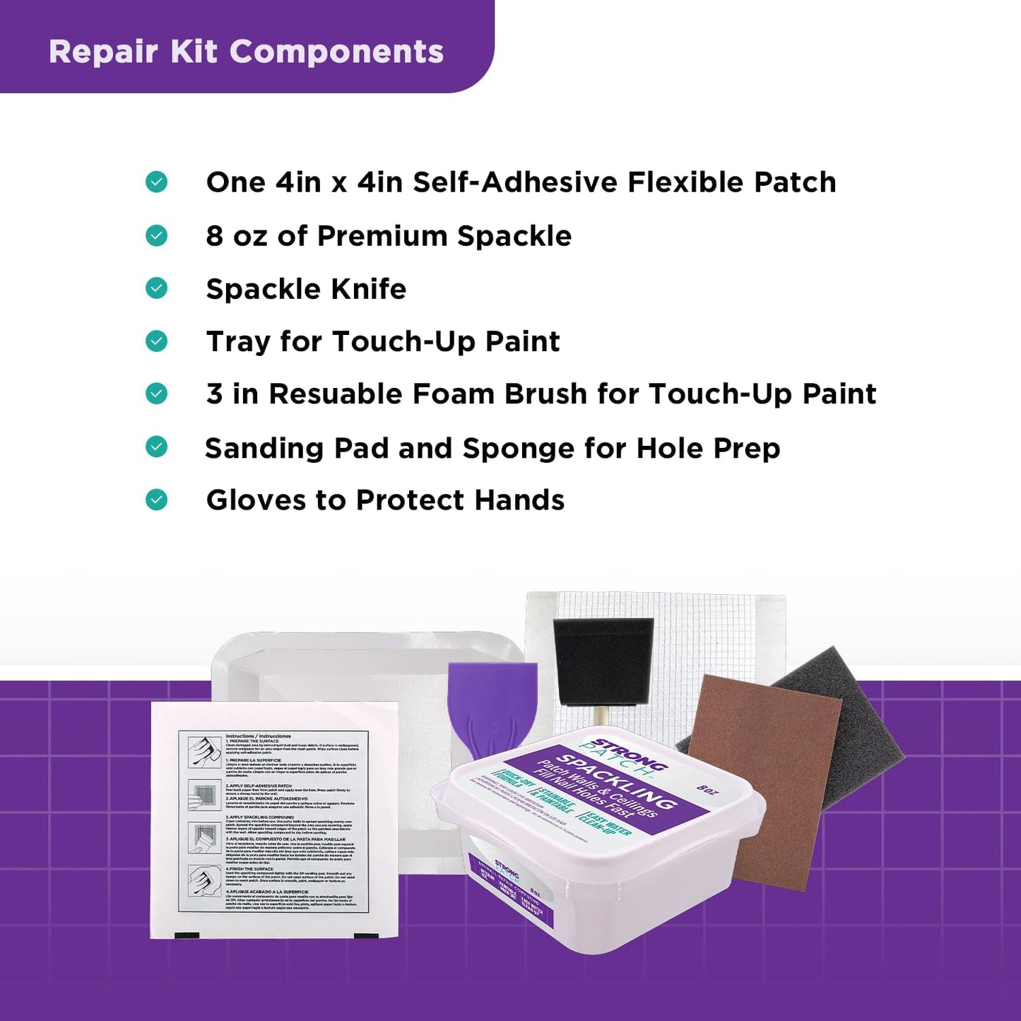 StrongPatch® Flexible Patch Wall Repair Kit with 4 in. x 4 in. Flexible Patch, Sanding Sponge, Color Changing Spackle, Putty Knife, Glove, Foam Brush, Paint Tray (7-Piece)