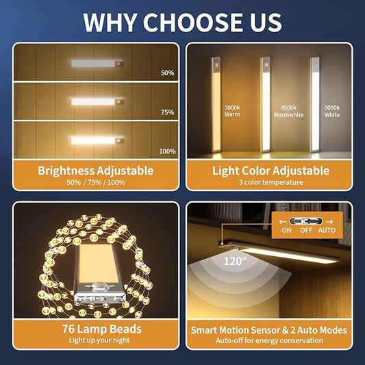 Under Cabinet Lights, 76 LED Operated Motion Sensor Light Indoor, 1500mAh USB - Image 2