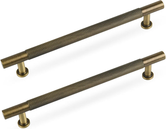 6-1/4" Knurled Solid Brass Cabinet Pulls, Antique Brass 5-Pack | Solid Brass Bar Pull + Knurled, Designer Look + For Kitchen Cabinets + Bathroom & Dresser + Heavy Duty, Easy Fit