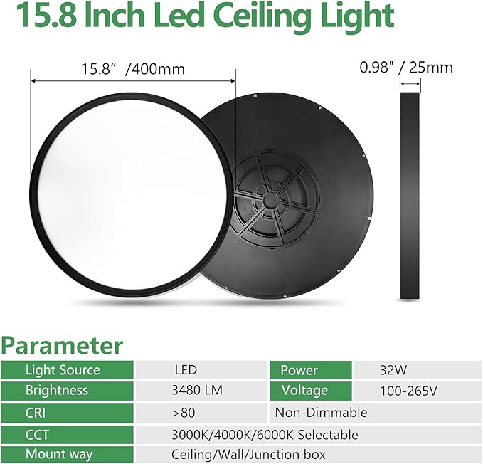 2PK 15.8 Inch Black LED Flush Mount Ceiling Light, 3000K/4000K/6000K CCT - Image 5