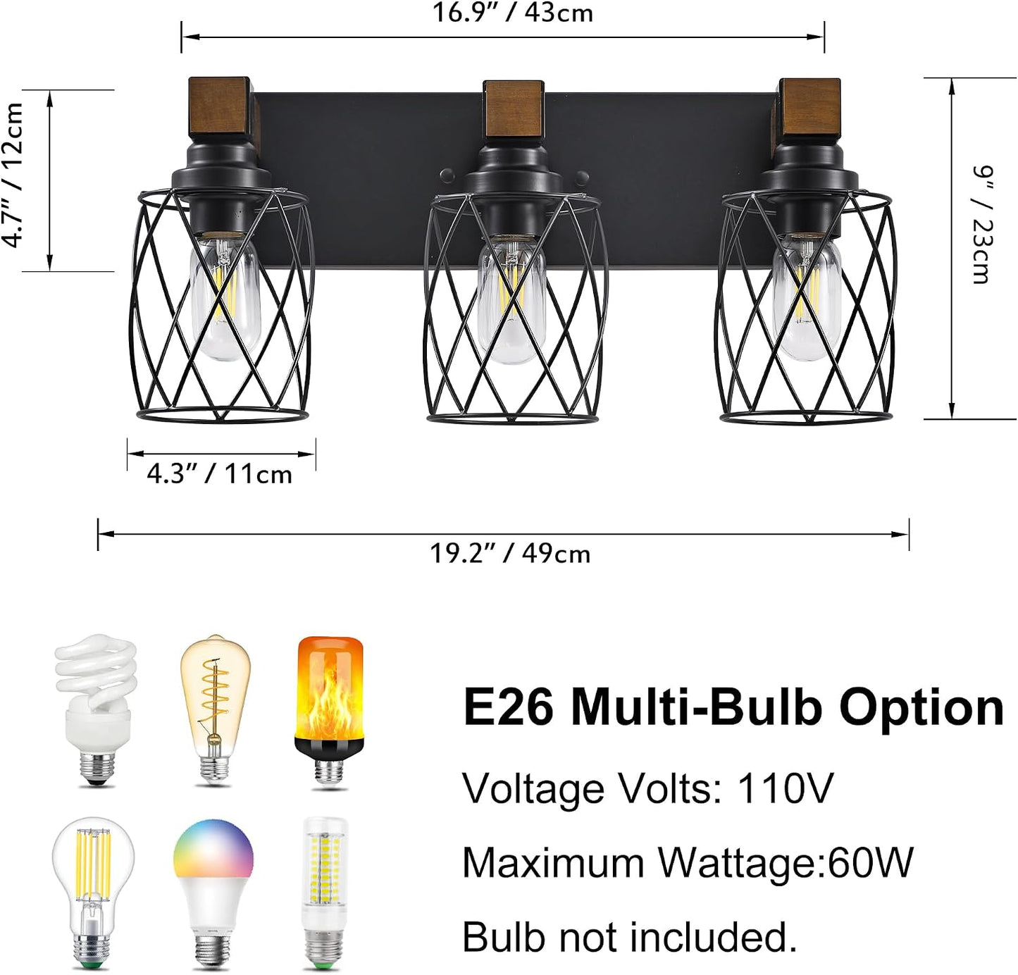 Farmhouse 3-Light Wood Bathroom Vanity Light, Black Metal Cage Shade | Mounted Over Mirror, Industrial Rustic Style, Ideal for Bathroom, Bedroom, Hallway & Living Room, Easy To Install