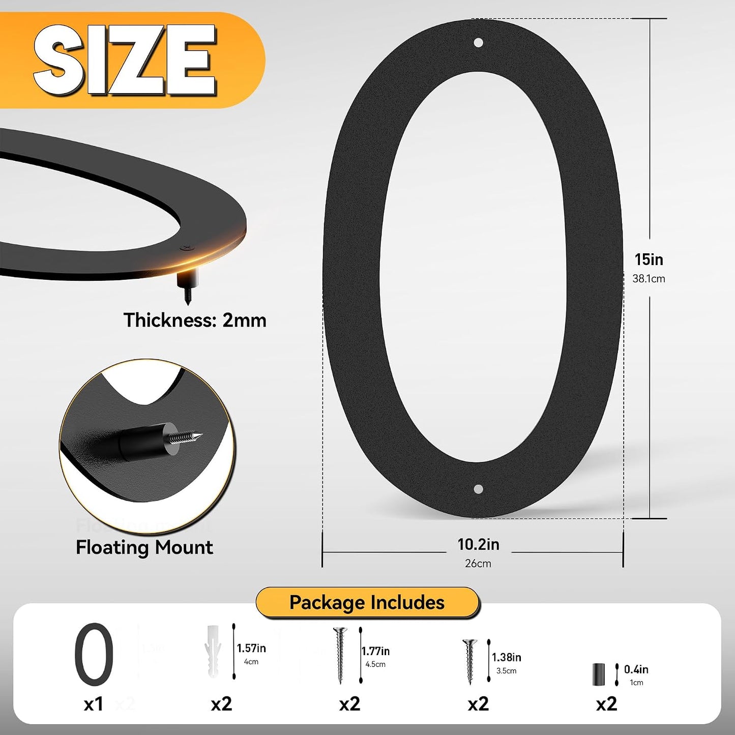 15 Inch House Numbers for Outside, Extra Large Address Numbers for House, Large Modern Floating House Numbers, Big Metal Numbers for House Outdoor, Matte Black Steel 15'' Address Number 0 (0123456789)
