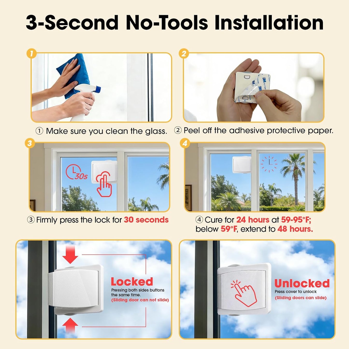 Sliding Glass Door Lock for Child: Patio Protect Toddlers(0-4) Adhesive | No Drill Adhesive 500Home Tested Glass Safety for Balcony & Sliding Door