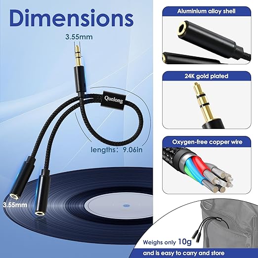 Quelong 1Pcs Headphone Splitter, Dual Headphone Nylon Braided Extension Cable - Image 4