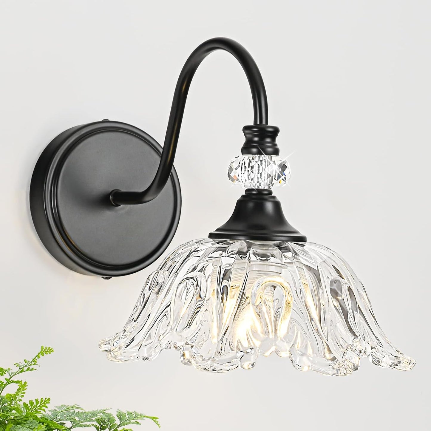 1 Piece Black Wall Sconce with Floral Clear Glass Shade, Black Farmhouse Wall Mount Lighting for Bathroom,Vintage Bathroom Vanity Light Fixture