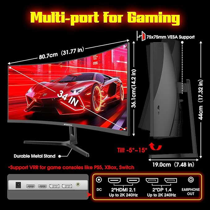 SANSUI 34 Inch 240Hz Ultrawide Curved Gaming Monitor UWQHD 3440×1440, 21:9 2K - Image 9