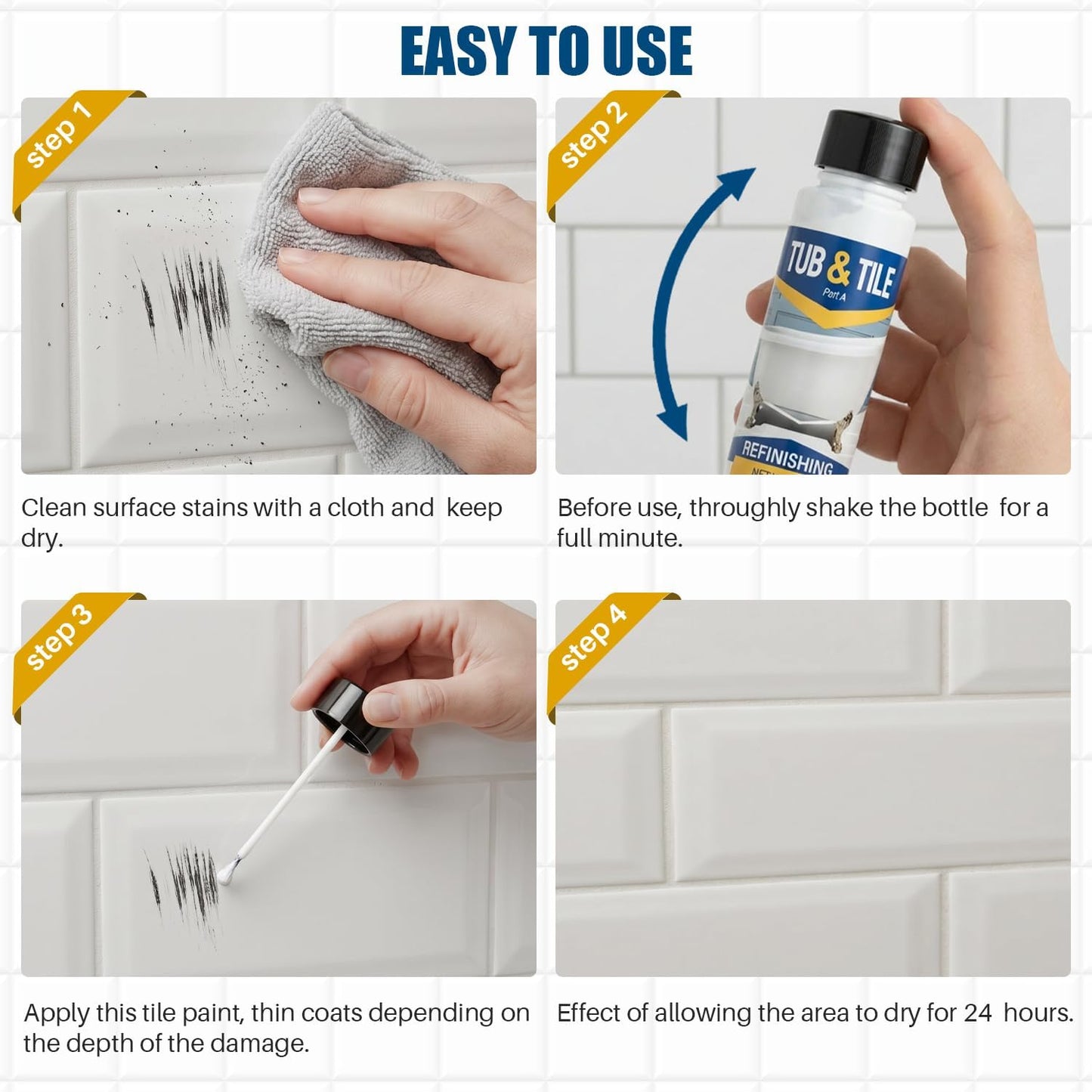 Tub and Tile Refinishing Kit, 1.05oz White Quick-Dry Tile Paint for Wall & Floor, Sink Bathtub and Toilets Paint for Bathroom, Kitchen, Toilets, Water Based