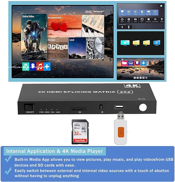 4-in4-out Video Wall Controller 2x2, HDMI & VGA & USB & SD Support 4K Input TV - Image 5