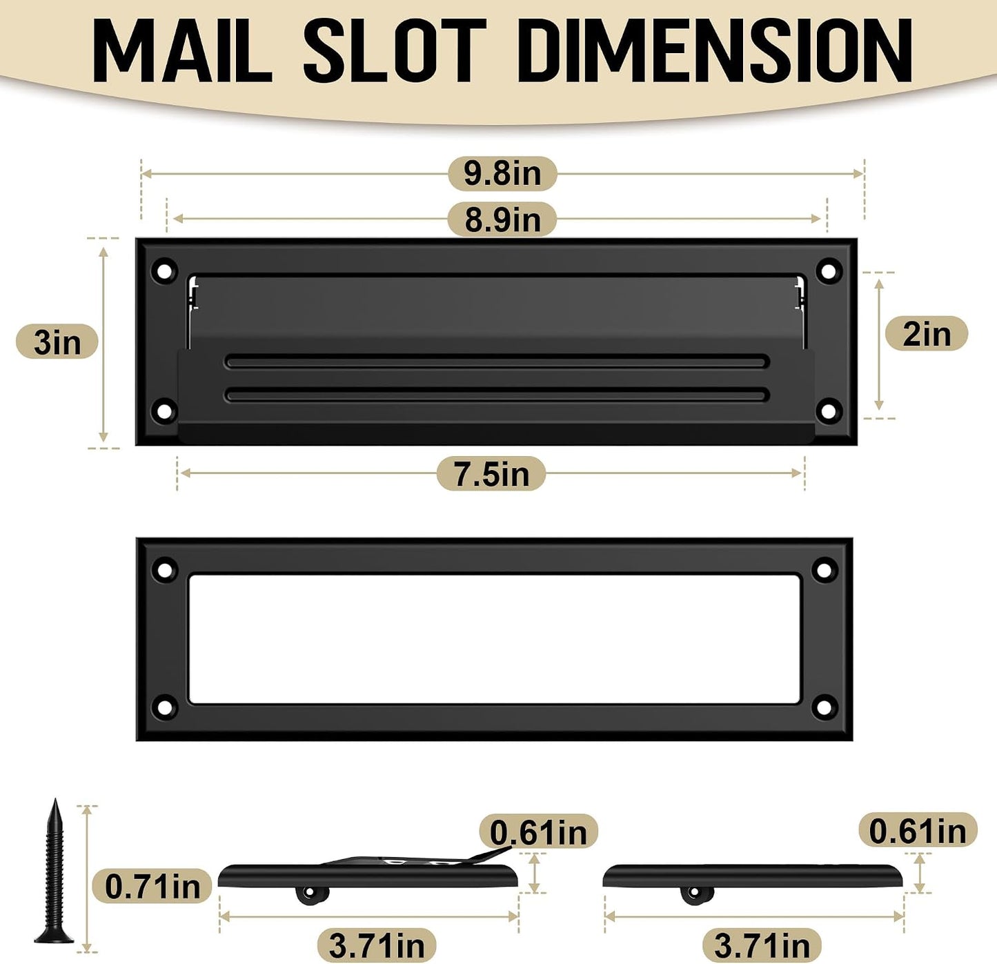 10 inch Mail Slot for Front Door, Stainless Steel Mail Slot Cover | With Pre-Drilled Holes Screws Included, Easy to Install, Heavy Duty Inner Frame, Water Resistance, 10"×3", Black