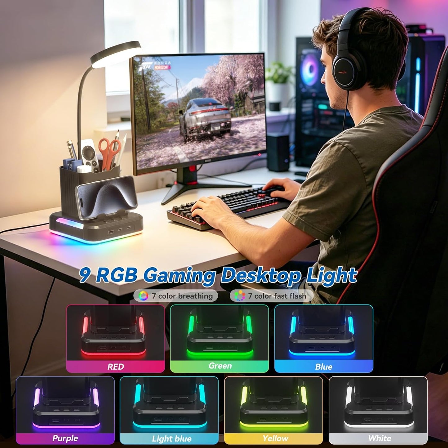KDD 5 in 1 Desk Lamp with Charging Ports, 9 RGB Modes Gaming Table Light | Pen & Phone Holder, 360°Adjustable Gooseneck Desktop Lights, Dimmable Table Lamp for Home Office College Dorm Room