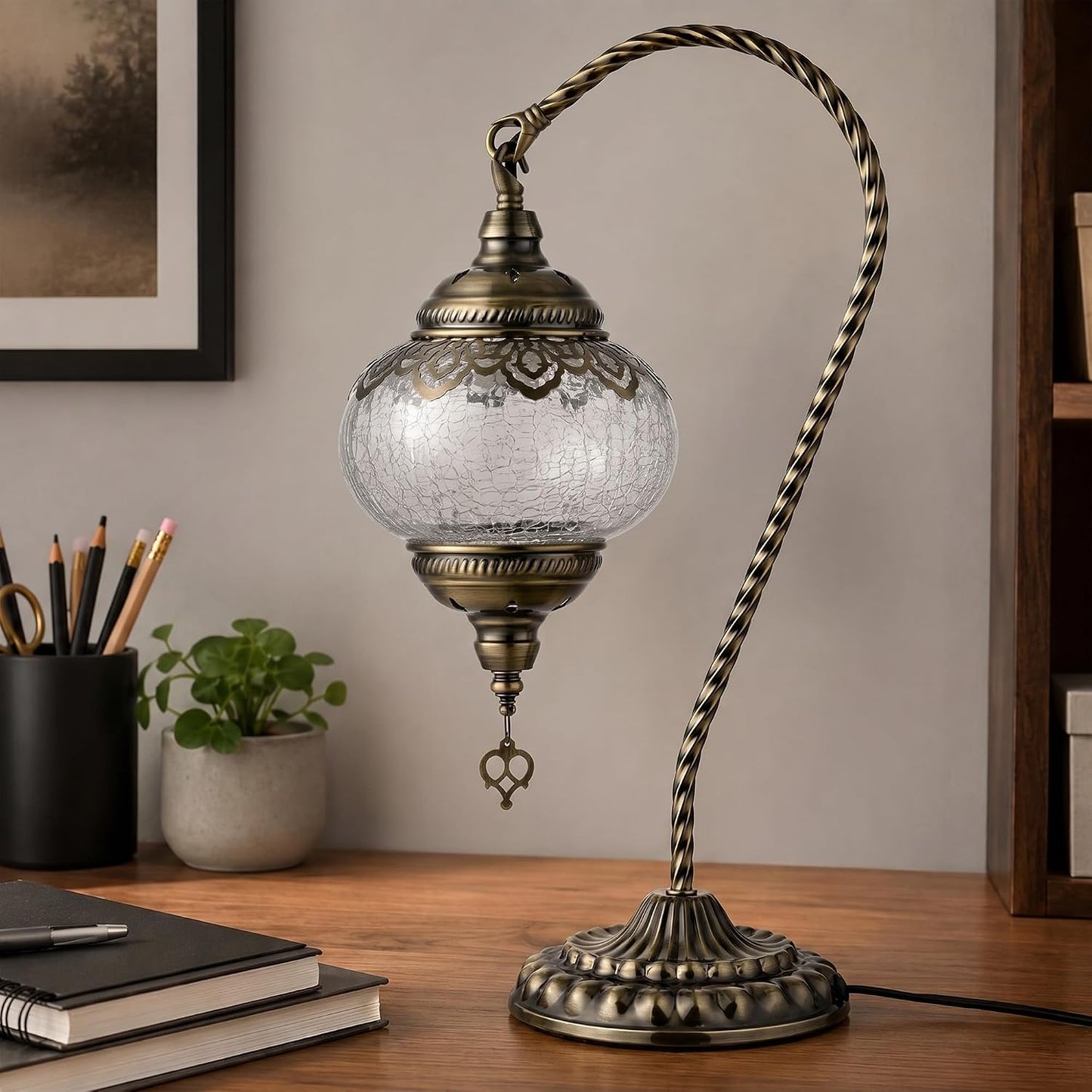 GOGERS Swan Neck Turkish Moroccan Lamp Handmade Stained Mosaic Glass Vintage Lamp Shade Bohemian Tiffany Style Bedside Night Lamp Lighting for Bedroom Living Room (White)
