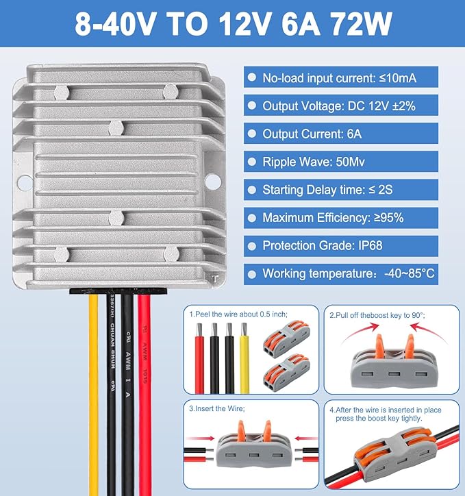EAGWELL DC 8-40V to 12V Converter 6A 72W Step Down Converter Voltage Reducer - Image 2