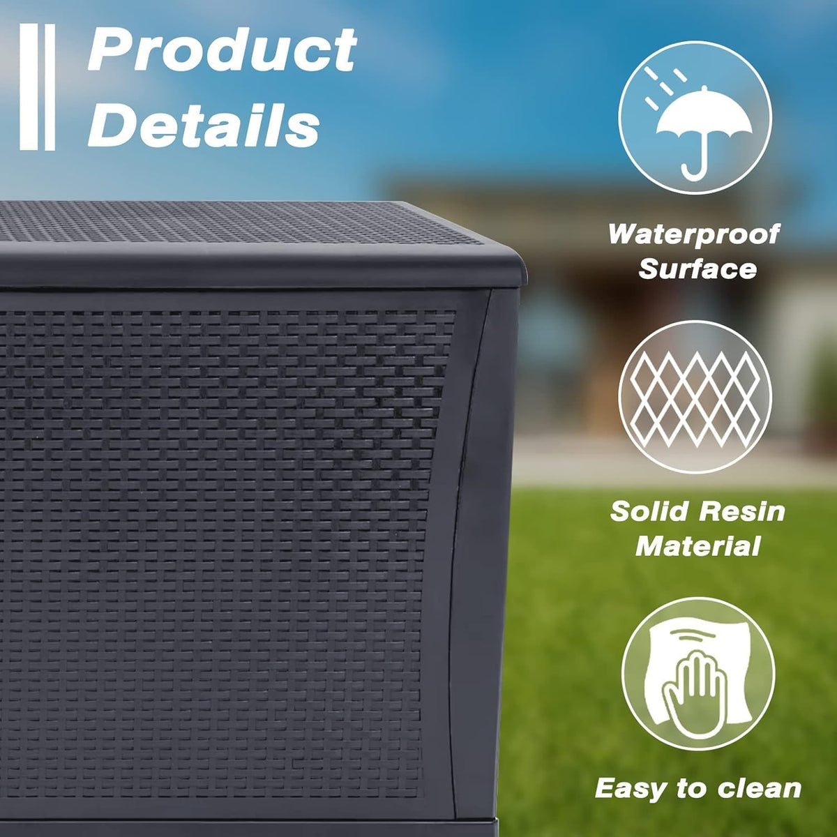 120 gallon resin wicker patio storage box, outdoor, close-up detail