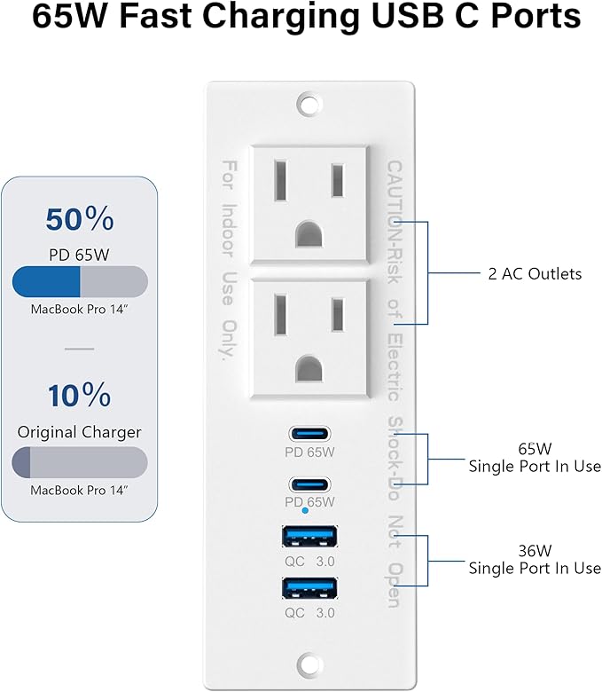 Recessed Power Strip USB C 65W Fast Charging Station, in Drawer Outlet - Image 4