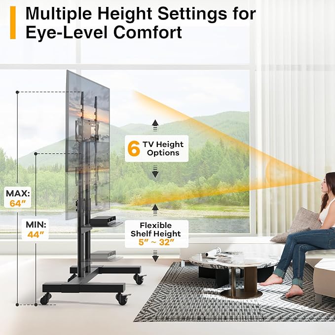 TVON Rolling TV Stand for 32-83 inch Flat Screen/Curved TVs up to 110 lbs - Image 3
