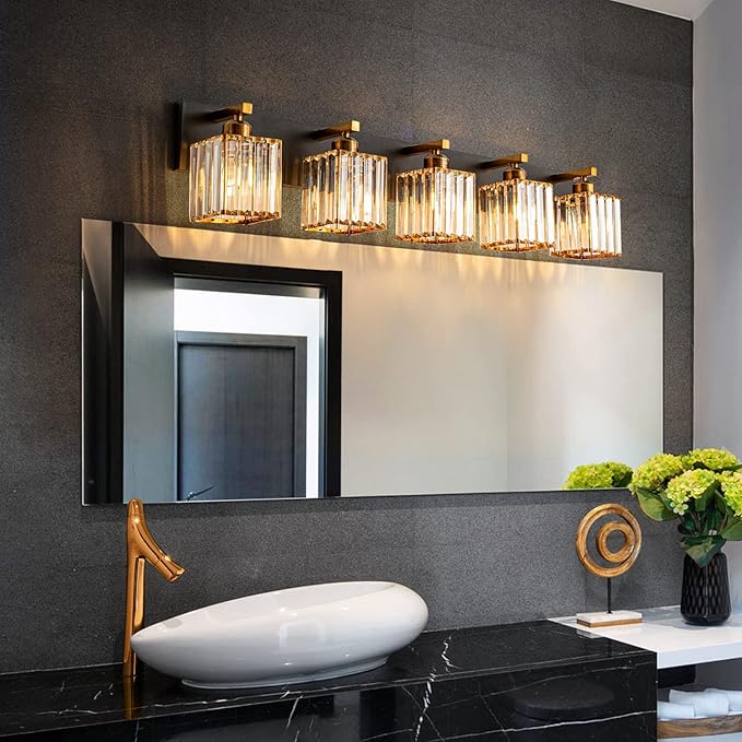 FDPBY Modern Bathroom Vanity Light 5-Lights Black Gold Crystal Bathroom Wall - Image 3