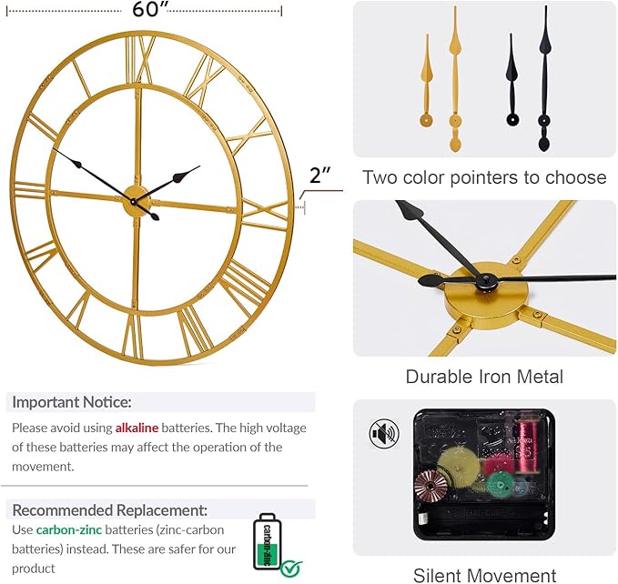 Ohweog Large Wall Clock for Living Room Decor – 60 Inch Silent Non-Ticking - Image 2