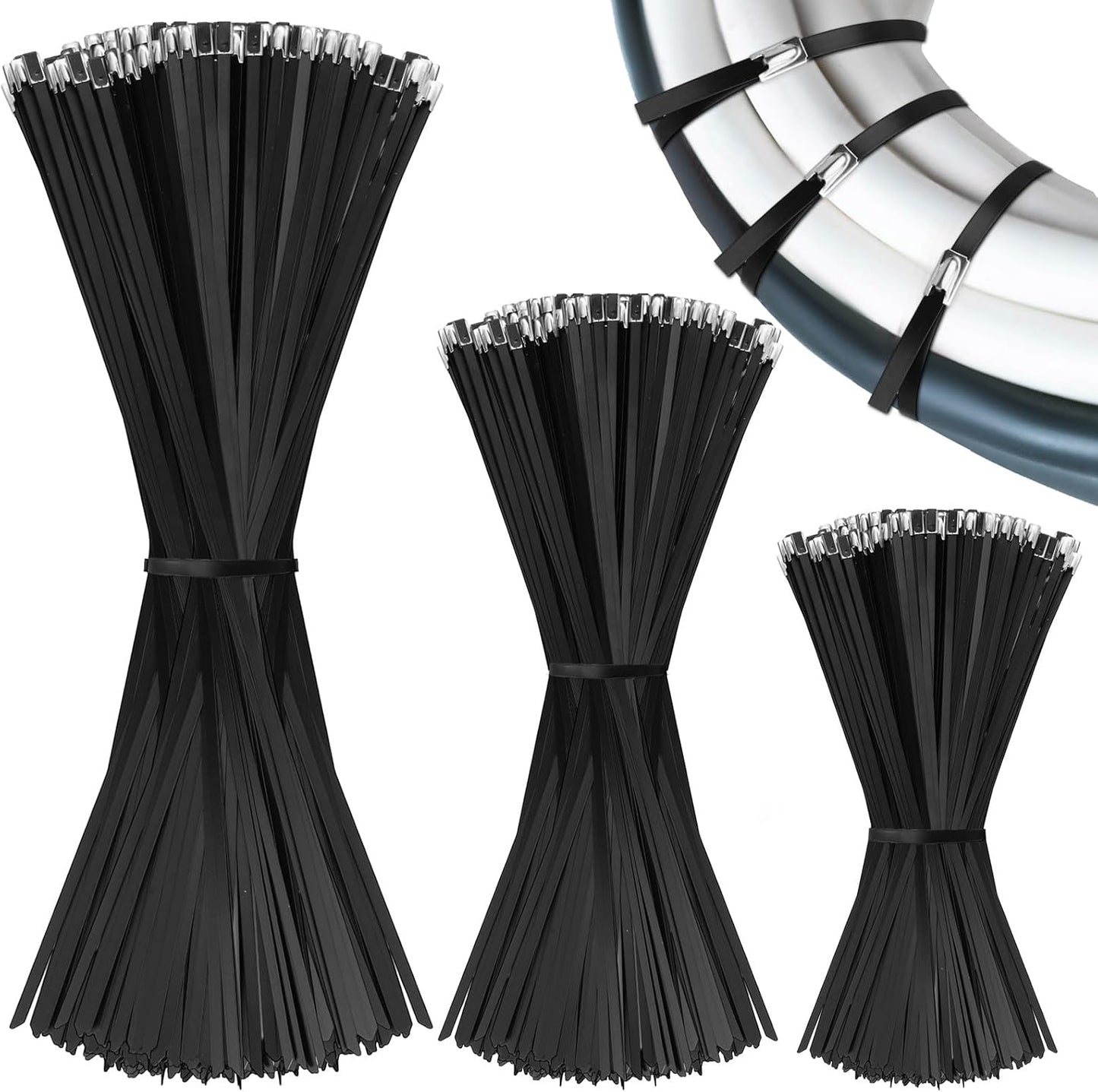 Therwen 300 Pcs Metal Zip Ties Heavy Duty 304 Stainless Steel Multi Purpose Self Locking Cable Ties for Exhaust Machinery Fence Farm Pipe Roof Outdoor (Multi Sizes)