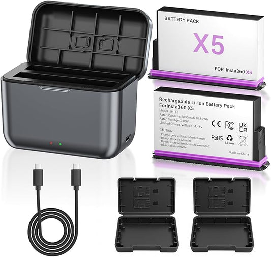 POWEROWL 2Pack for Insta 360 X5 Battery and Charger Kit, 2800mAh Batteries for by POWEROWL