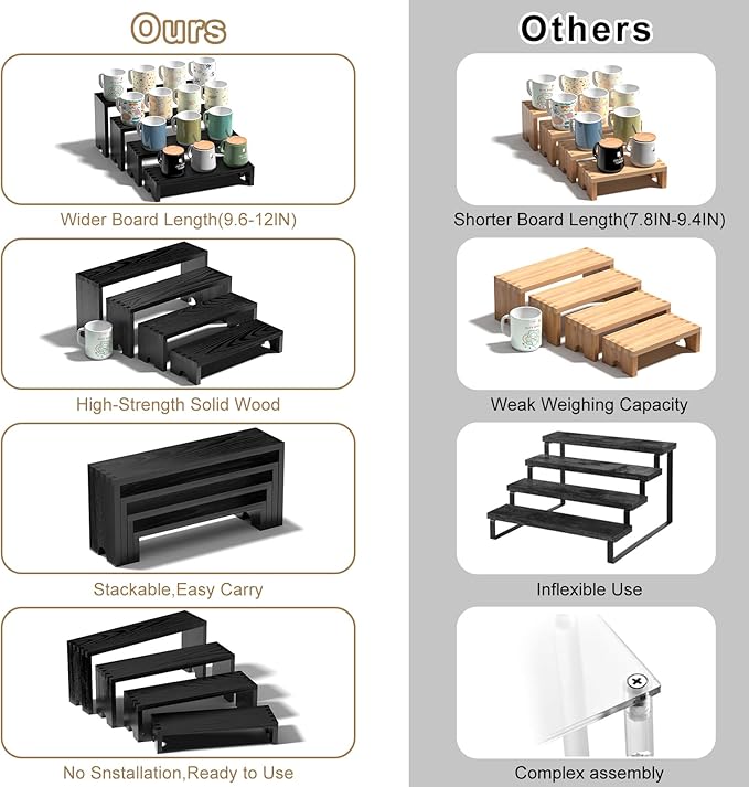 2 Set Large Black Wooden Tiered Riser Display Stands - Image 7