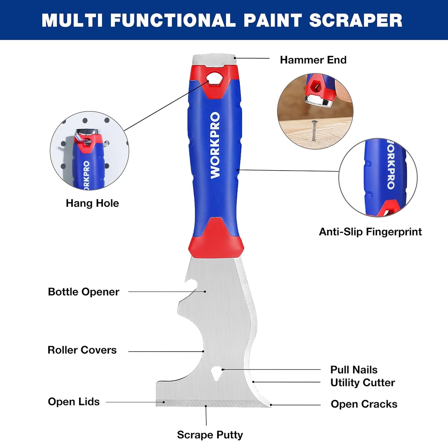 WORKPRO Paint Scraper, 8 in 1 Paint Remover, Metal Putty Knife with Hammer End and Can Opener, Stainless Steel Scraper Tool for Removing Caulk, Painting, Wood and Wallpaper | Stainless Steel Blade, PP Rubber Handle, Removing Caulk, Painting, Wood