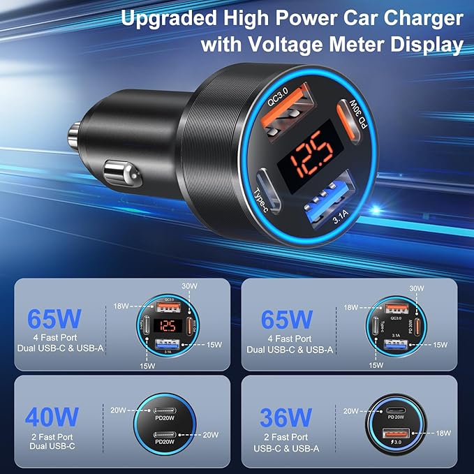 USB C Car Charger, 4-Port 65W Dual 12V USB-A & USB-C Car Phone Charger - Image 6