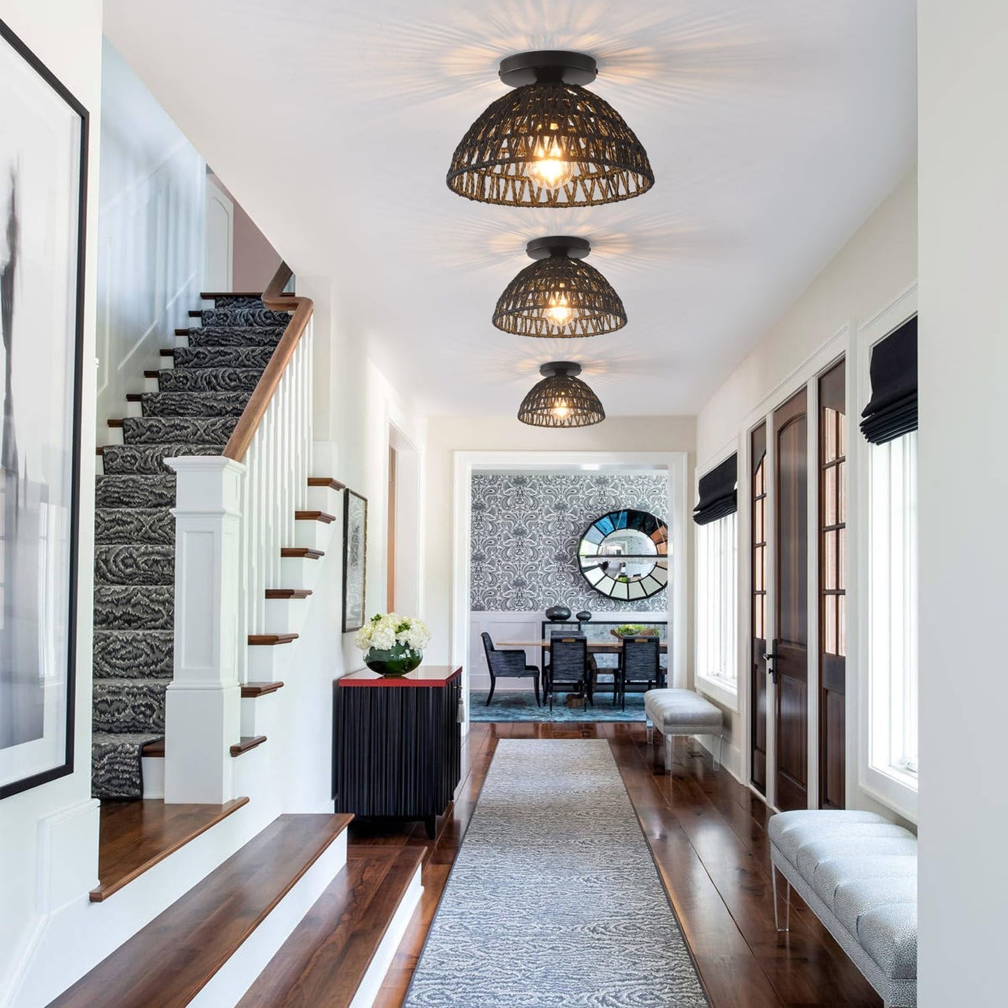 2 Pack 10.2" H Farmhouse Fixtures Ceiling Mount,Black Rattan Boho Semi Flush Mount Ceiling Light,Hand Woven Hallway Light Fixtures for Bedroom Entryway