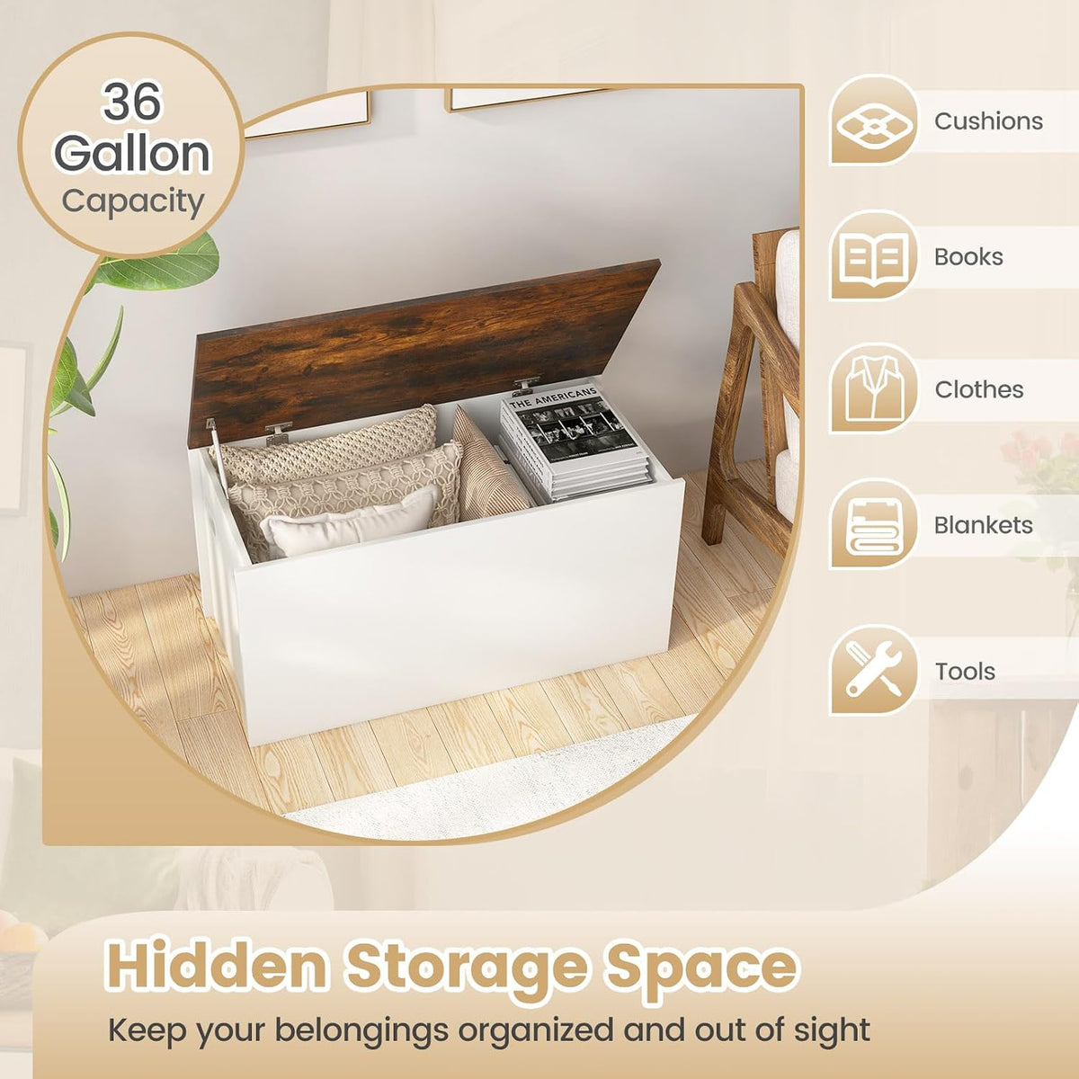 giantex flip-top storage chest, lift top storage bench, close-up detail