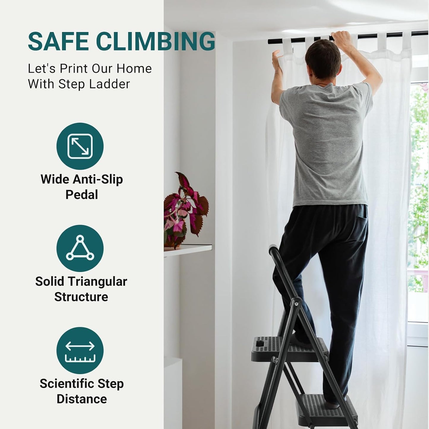DUMOS Step Ladder, 2 Sturdy Step Stool with Anti-Slip Pedal & Comfortable Handrail, Portable Heavy Duty Stool for Kitchen, Garage & Outdoor Use, 800lbs, Black