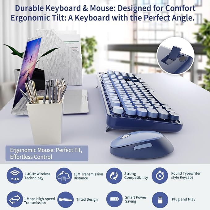 Nowlike Wireless Keyboard and Mouse Combo, Retro Typewriter Keyboard - Image 5