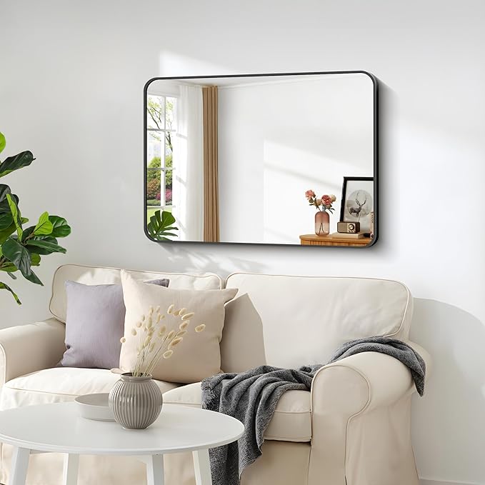 Bathroom Mirror, 18 x 24 inch Metal Framed Black Rectangle Mirror, Rounded - Image 2