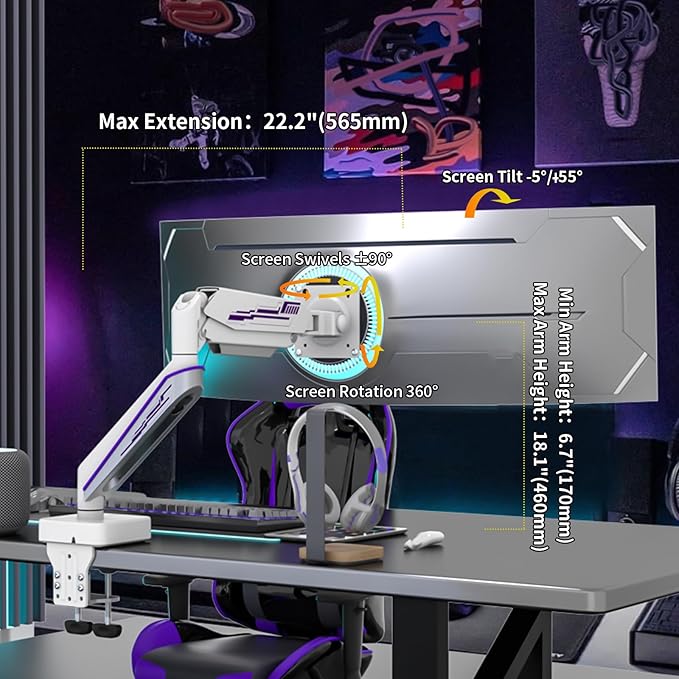 Heavy Duty Monitor Arm for Ultrawide Screen up to 49 inches, 44 lbs, Gas Spring - Image 9