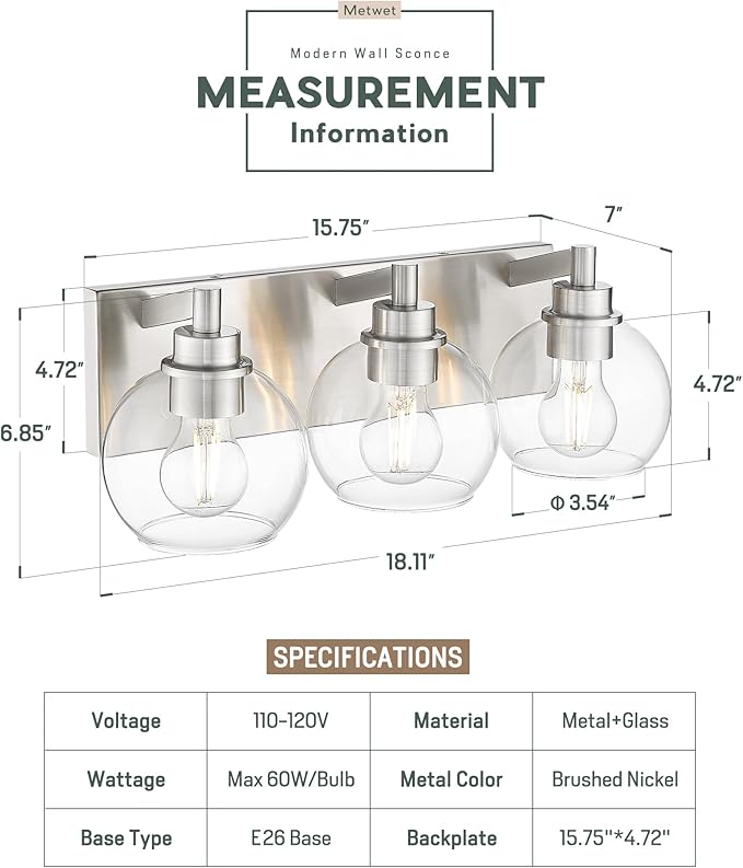 METWET Bathroom Light Fixtures, 3-Light Brushed Nickel Vanity Light, Modern - Image 2